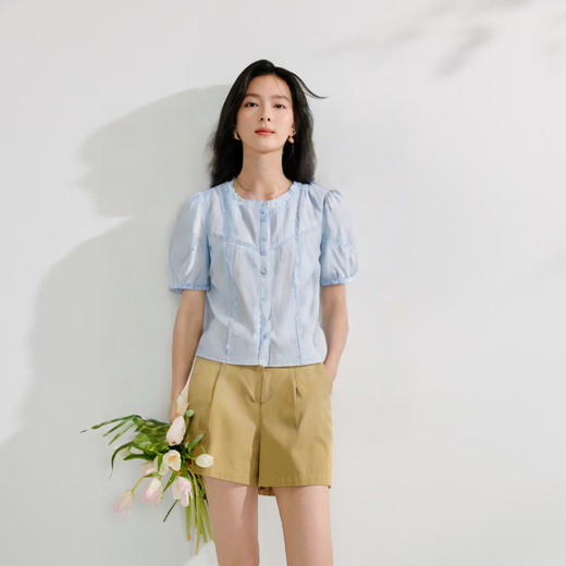 
Inman French Lotus Leaf Collar Cotton Embroidered Shirt Summer Women's Romantic Short-Sleeve Temperament Shirt Sky Blue M