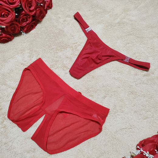 2 packs of hot and sexy mesh transparent low-waist women's briefs men's thongs couple underwear one size fits all Men's mesh with holes + Women's mesh with crotch black