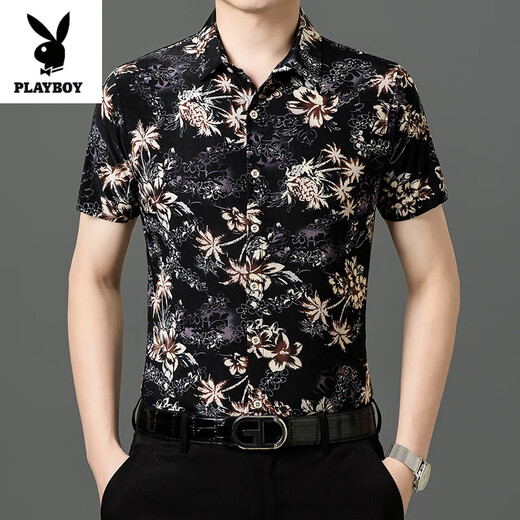 Playboy (Playboy) Nouvelle glace de glace à manches à manches courtes à manches à manches à manches courtes avec une chemise d'âge moyen de mûre en soie mûre 9898 Black XL (175) [140-160jin [Jin est égal à 0,5 kg]]]