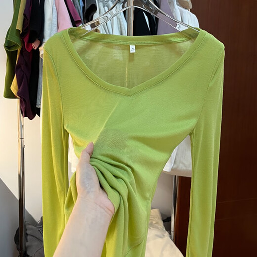 Ran Yilan's same style summer hollow sunscreen long-sleeved T-shirt for women early autumn new V-neck slim leaky back thin bottoming shirt top 7371 Gray S