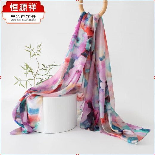 恒源祥2025春夏长条丝巾桑蚕丝丝巾蓝色丝巾文艺感防晒大披肩薄 蓝红镜面纹 176*110cm