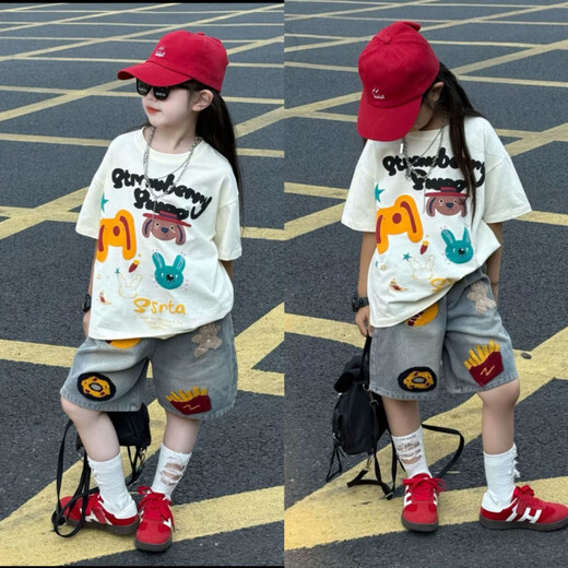 Apocalypse Century Girl Summer Street gebratenes Set 2025 Neues Mädchen Loose Cartoon Kurzarm T-Shirt Denim Medium Hosen Zweiteiler Set Trendy 8 weiße Weste [Single] 150 Größe für Höhe von etwa 1,45 Metern geeignet
