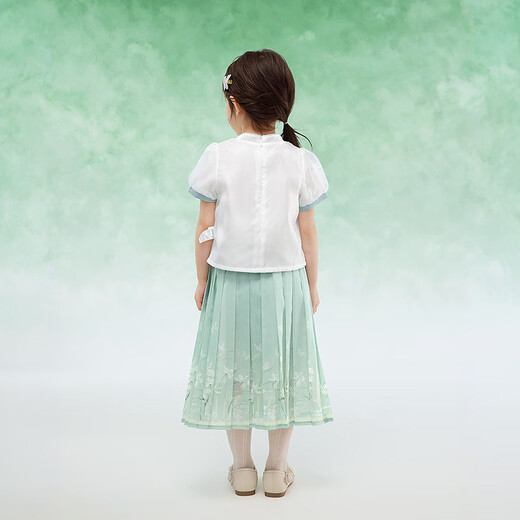 Balabala Children's's Clothing Girls Kirt-Face Jirt Children's Suit 2025 Été Nouvelle chemise Broidered Jupe courte Nouveau Tone blanc et vert de style chinois 00314 90