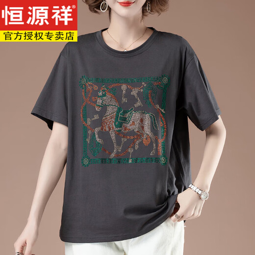 恒源祥胖mm短袖t恤女夏季大码宽松纯棉烫钻中年妈妈显瘦全棉薄款上衣女 黑色【9896款】 L 100-115斤