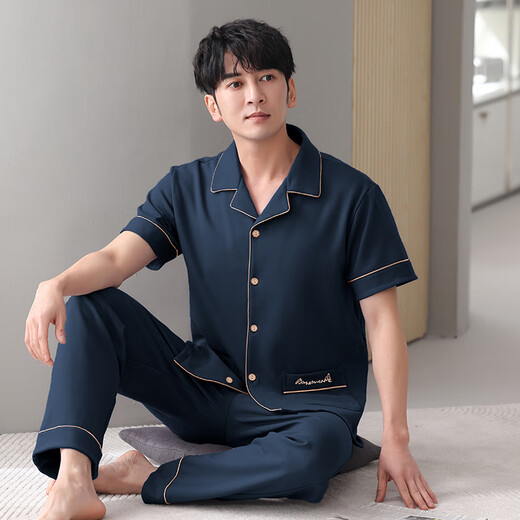 澳颜莱睡衣男士春夏季棉短袖长裤特大码中老年300斤加大码家居服 12004# 4XL 【建议140-180斤】