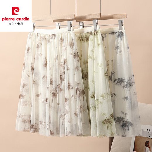 Pierre cardin ink printed chiffon skirt women's short skirt floral summer new A-line skirt flowing gauze skirt large over knee mid skirt new fabric chiffon (9906-3) M one size (skirt length 68c)
