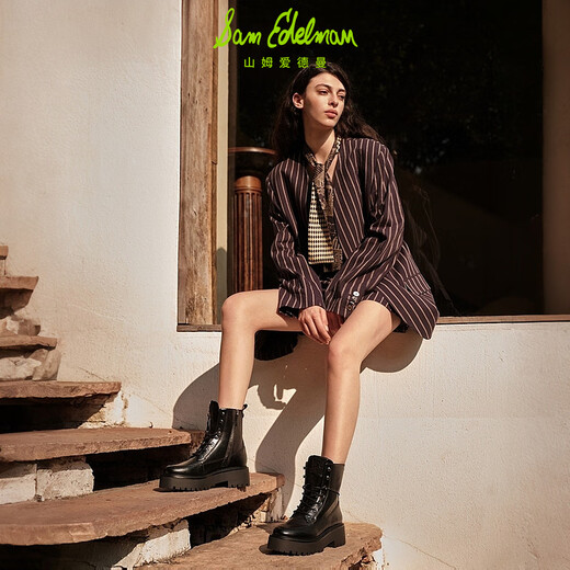 Sam Edelman Sam Edelman Herbst und Winter Schwarze Frauenstiefel runden Zehen Spleiß dicke Absatzstuhl Martin Stiefel Cowhide Dicke Sohle erhöhte Elliot Schwarz 35,5 / US -Größe 5,5 m
