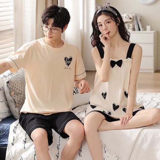 Lemianxin couple pajamas for women in summer pure cotton women home clothes suspenders casual cotton men summer pajamas suit DD9902 M women + men XL