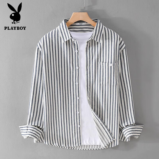 Playboy (PLAYBOY) 2025 Spring and Autumn Pure Cotton Striped Shirt Men's Summer Long-Sleeved Shirt Loose Casual Jacket for Boys 305D Yellow Henry Collar Short I-Sleeve L 120-135Jin Jin is equal to 0.5 kg