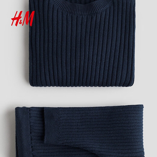 H&M Children's Clothing Baby Boy Set 2-piece Autumn Ribbed Knit Henley Long Sleeve Sports Drawstring Pants 1239501 Navy Blue 009 110 110/56 (2-3Y)