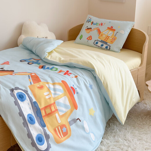 Kindergarten three-piece quilt set, pure cotton Class A quilt, kindergarten bedding, nap special back-to-school quilt, six-piece set, blue excavator, Class A maternal and infant grade, with handbag Kindergarten three-piece set 60x135 This Specification does not include a handbag