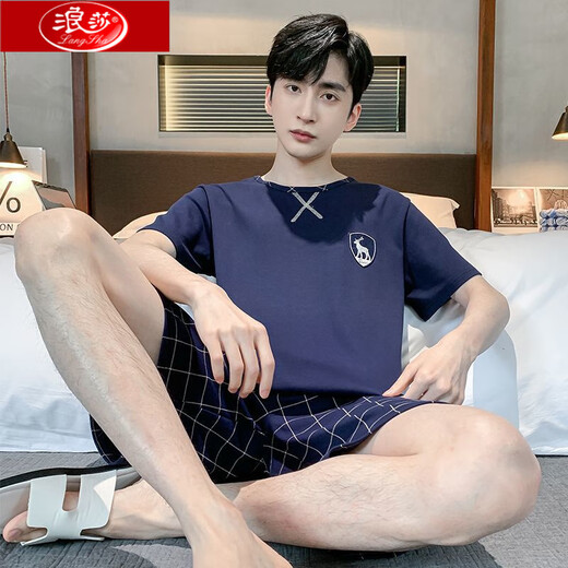 浪莎睡衣男夏季短袖短裤纯棉薄款套装大码宽松两件套男款家居服可外穿 HD9928D短袖套装 L 100-125斤