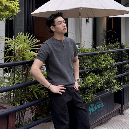 SMVP old money style polo shirt classy wear for men in summer one-button Henry collar short-sleeved T-shirt right shoulder half sleeve brown 2XL recommended 145-160Jin Jin equals 0.5 kg