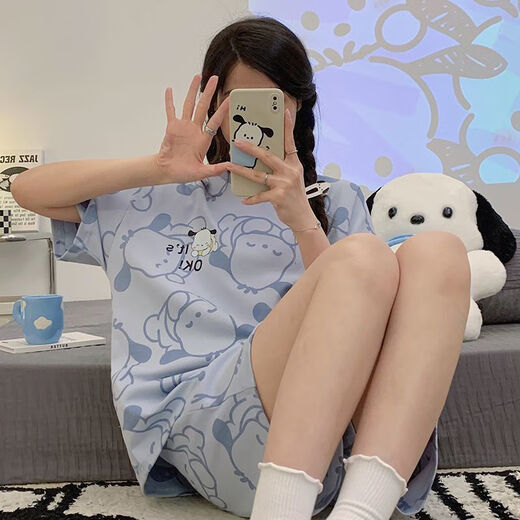 慕枫晴夏季睡衣女短袖短裤套装卡通薄胖MM加大码宽松可外穿睡衣 694卡皮巴拉+699涂鸦笑脸 M 【建议80-98斤】