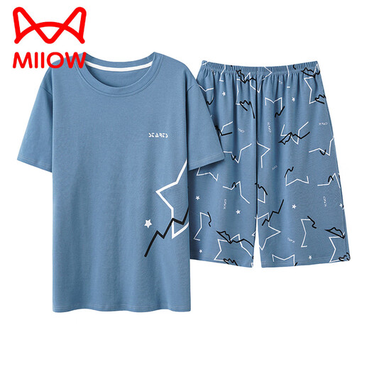 猫人（MiiOW）2025新款睡衣男士夏季薄款纯棉短袖短裤家居服夏天大码套装 9926 L