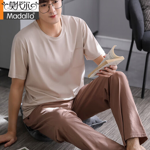 莫代尔男士睡衣夏季薄款莫代尔短袖长裤套装夏天青少年大码家居服可外穿 LS2677短长 L 男(建议100-120斤)