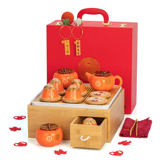 Yusen Yi Persimmon Ruyi Hochzeitsgeschenke für Neulinge für Freunde und Geschenke für Tee -Sets für Bräute und beste Freunde Dows für neu engagierte Kakis mit sechs Tassen + Porzellanscheiben + Geschenkboxen HQ693
