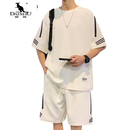 Kangaroo (Daishu) Casual Sports Traje para hombres Summer New Loose Silk Silk Camiseta de manga corta de manga corta Shorts para hombres combinados con un buen conjunto FKS653 Traje blanco XL alrededor de 130-150Jin [Jin equivale a 0.5 kg] se pueden usar