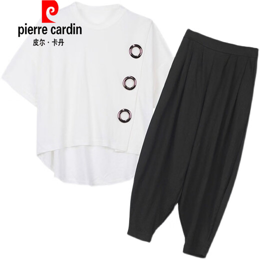 皮尔卡丹（pierre cardin）大版女装女装胖m哈伦裤套装2025春夏新款洋气显瘦遮肚运动休闲两 黑色《9928》 M 《建议80-100》