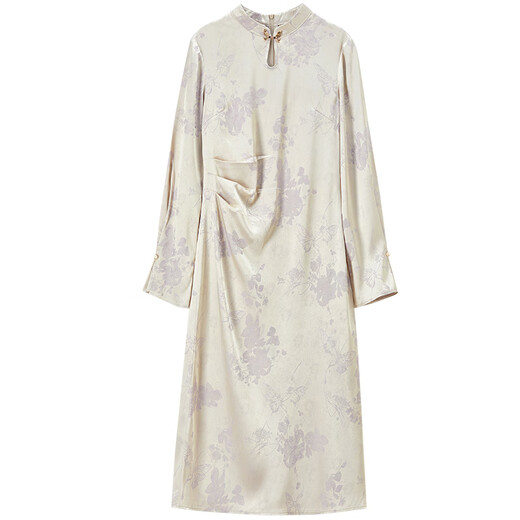 
Shangdubila Chinese style stand-up collar metal button dress for women's autumn new Chinese satin jacquard skirt waist side pinch midi skirt