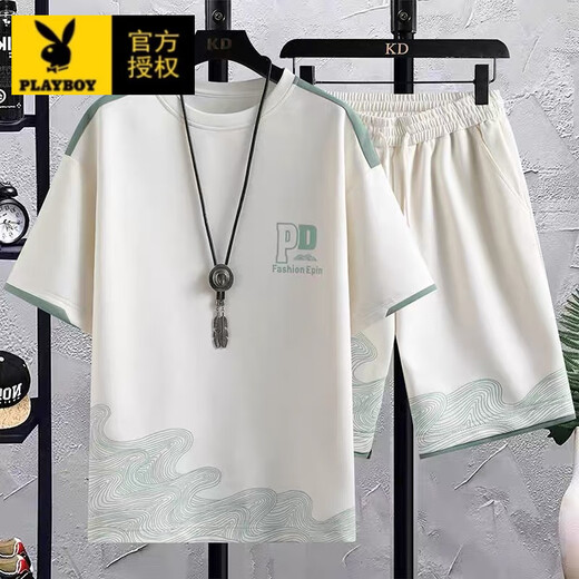 花花公子（PLAYBOY）夏季短袖t恤休闲运动套装男士加大码短裤2025新款一套半袖上衣服 693米+大字母裤 M