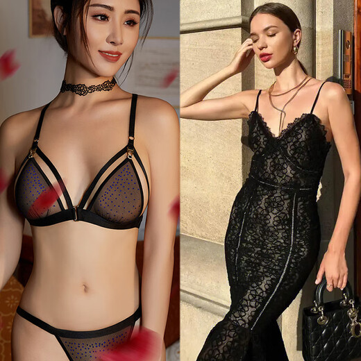 维多利亚宫廷情趣内衣 性感文胸纯欲舒适烫石三角杯T裤超薄诱惑内衣套装 文胸+丁裤 L