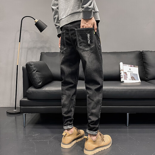 AEXMERE Men's Ripped Jeans Summer Brand Trendy Brand Slim Feet 2025 Nouveau été 6636 noir + 6633 noir 36