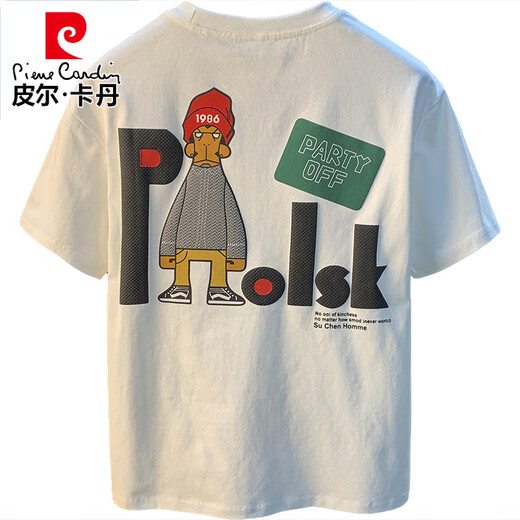 皮尔卡丹（pierre cardin）潮牌夏季短袖T恤男印花半袖宽松新疆棉舒适百搭潮流五分袖衣服男 白色 【9923】 M 适合90-108斤穿