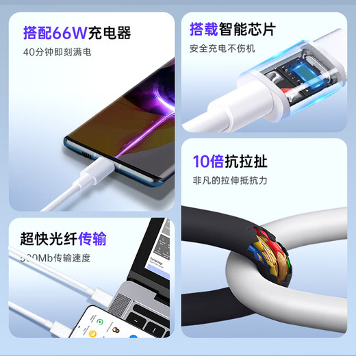 JPLAYER Type-C USB fast charging data cable Huawei 66W charging cable 6A mobile phone and tablet suitable for Huawei/Xiaomi/vivo/Samsung/OPPO Android White 1 meter