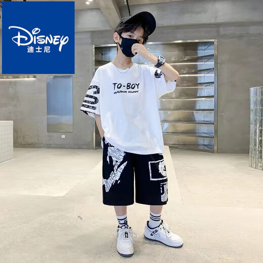 迪士尼（Disney）男童套装2025夏季新款网红套装一整套儿童t恤中大童男孩两件套潮 黑色短袖[SO套装]#687 110 适合身高100左右