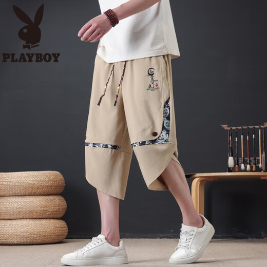 花花公子（PLAYBOY）中国风短裤男士夏季2025新款国潮七分裤新中式休闲直筒冰丝裤子男 723白色 M 约70-100斤可穿
