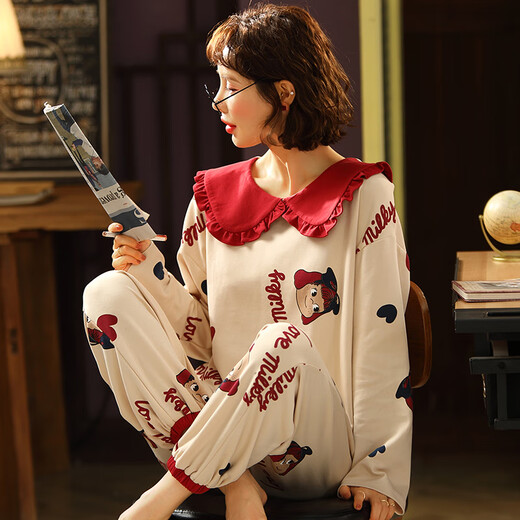 
Urban beauty pajamas women's spring and autumn pure cotton long sleeve cute Korean sweet suit summer autumn winter princess style casual home clothes green apricot color GXT9923 picture color M (recommended 75-95Jin [Jin equals 0.5 kg])