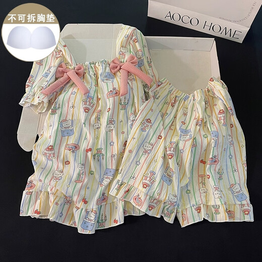 
Xiangyaxin pastoral style pajamas for women in summer cloud cotton with chest pad sweet short sleeves 2025 new princess style home clothing set 9902-2 Monet pink flower M