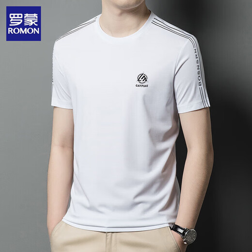 Romon men's short-sleeved round neck mulberry silk T-shirt summer half-sleeved versatile casual top T-shirt base shirt men's middle-aged clothes White-13596KSP M 165 Recommended 90-120Jin [Jin equals 0.5 kg]