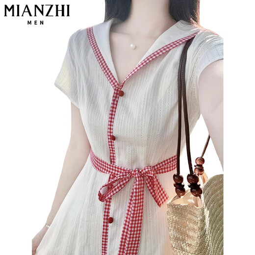 Kleid für Frauen im Sommer Französische Akademie für Frauen im Sommer 2025 Neues rotes Gitter Spleißgeraden getötetes Marinekragen sanfter Langrock 4203 Bildfarbe [hohe Qualität 60] L 100-15jin [Jin ist 0,5 kg]