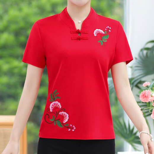 
Beiyao mother embroidered base shirt summer clothing national short-sleeved T-shirt retro half-sleeved middle-aged and elderly women's clothing Tang 9928 models--Burma red L Recommended 85-100Jin [Jin equals 0.5 kg]