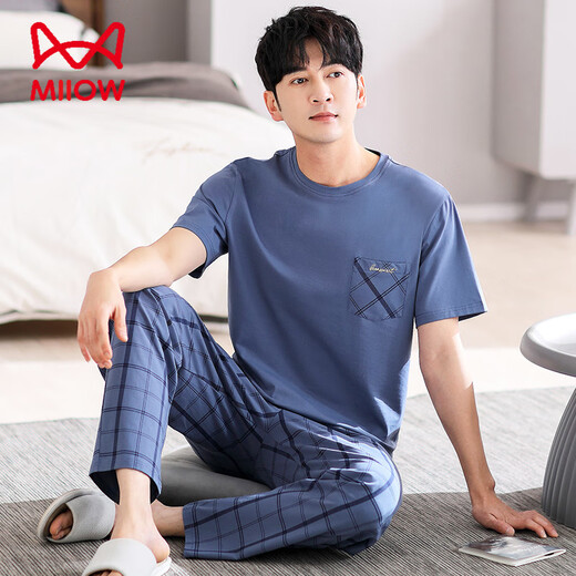 Catman Miiow Men's Pyjamas Summer Coton Pure Coton à manches courtes 2025 NOUVELLEZ MENS TROISSETS TROISE SETH SUMME SUMM'S Home's Home Clothing Set LJF6621 Black Feather Color [Tissu doux et adapté à la peau] 2xl [poids suggéré 160-180 Jin [Jin est égal à 0,5 kg]]]