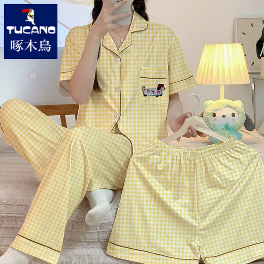 
Woodpecker Creamy Plaid Pajamas Women's Summer Short Sleeve Pure Cotton Three-Piece Set 2025 New Cute Dachshund Dog Student Home Clothing #FS-Three-Piece Set 14137 M [75-95Jin[Jin equals 0.5 kg]]