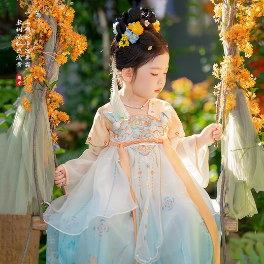 Süße Hanfu -Mädchen Kleid Herbst Neuer Stil 2025 Chinesischer Stil Altes Kostüm Super Märchen Rock Blau regulär 110
