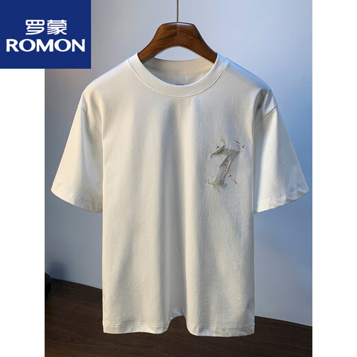 罗蒙（ROMON）夏季男款短袖T恤宽松休闲圆领薄款衣服2025新款绣花半截袖体恤男 白色 HJ6630 M 适合 95-110斤穿