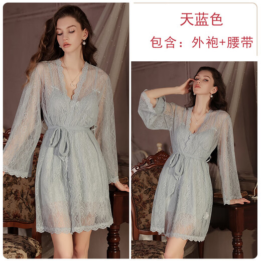 瑰若甜美顺滑缎面内衣纯欲蕾丝性感加胸垫睡裙外袍家居服套装4867 黑色(外袍+腰带) XL
