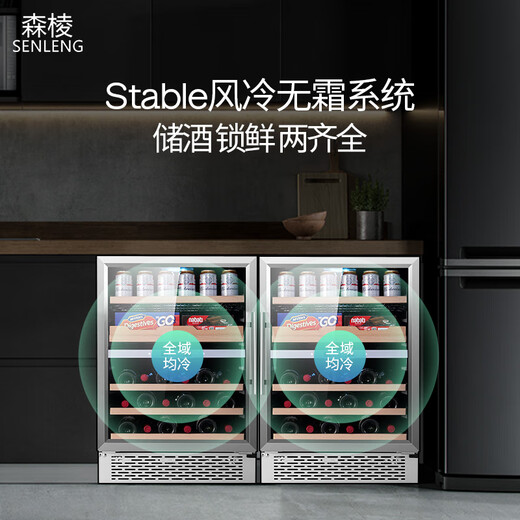 Senleng gabinete para vinos de temperatura constante con zona de temperatura dual, barra de bar, isla, gabinete para vinos integrado, congelador, refrigerador para vinos doméstico de frecuencia variable, personalización para toda la casa, gabinete para vinos de temperatura única, espejo de acero inoxidable, 150 L, 52 botellas, frecuencia fija, puerta desempañadora Low-E