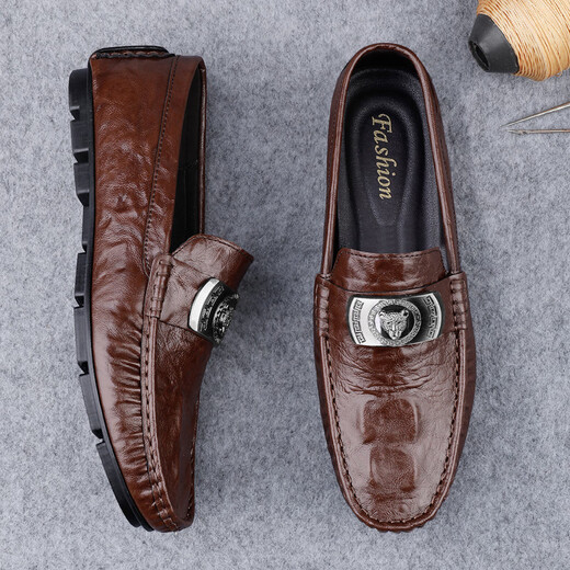 Belle 2025 crocodile pattern beanie shoes cross-border lazy driving shoes British casual men's leather shoes genuine leather cowhide 15888 black 38