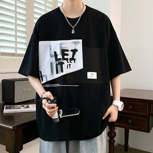 Semir großer großer Fettmann trendy Spleißen kontrastierende Farbe kurzärmeligte T-Shirt Herren Sommer Lose lässige hübsche, hellem halbärmeligen Top D695-Black M Empfohlen 80-110jin [Jin ist 0,5 kg]
