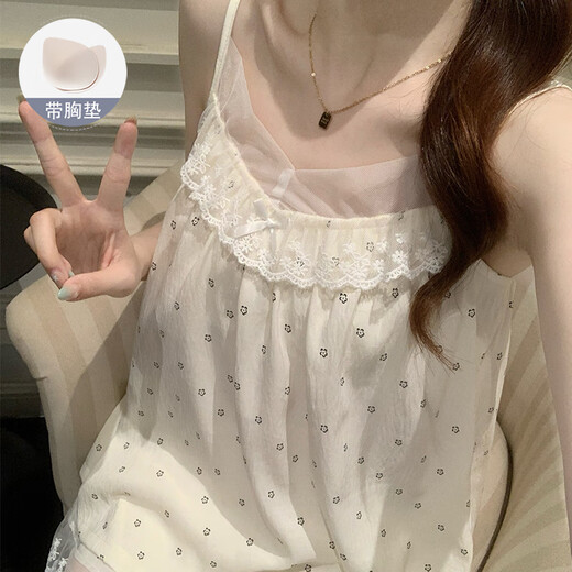 梦鸾吊带睡衣女夏季2025年新款性感纯欲带胸垫蕾丝花边甜美家居服套装 B834 蕾丝小花 固定胸垫 M
