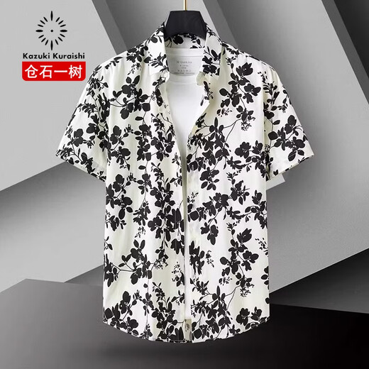 Kazuki Kuraishi Brand tendance à la mode nouvelle chemise à manches courtes à manches courtes en noir et blanc à moitié à manches à manches en vrac de chemise hommes décontractée Black XL (130-150jin [Jin est égal à 0,5 kg]))