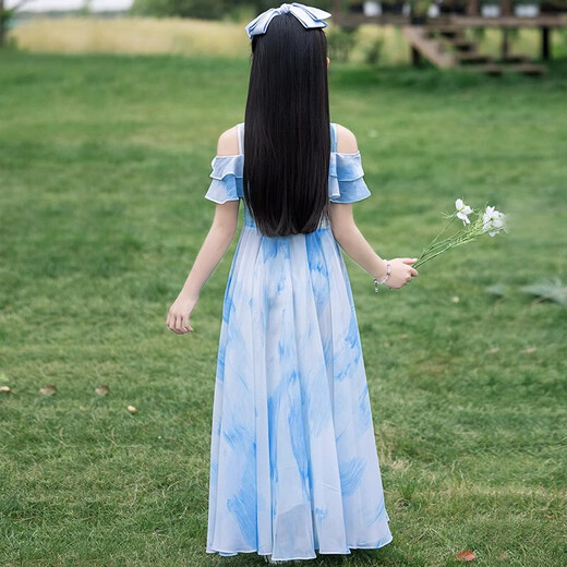 Mädchenkleid Sommer 2025 Neues modisches und dünnes Prinzessin Kleid Mädchen mittelgroßer Kinder Chiffon Long Kleid 101 Blau [Perle Stirnband senden + Schlüsselbeutelkette] 140 [Vorgeschlagen 46-55 Jin [Jin gleich 0,5 kg]]]