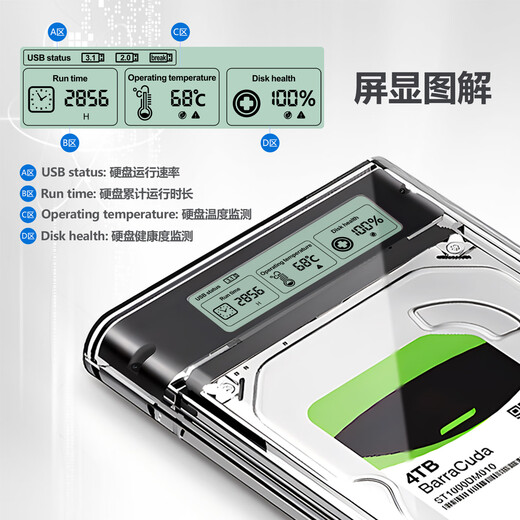 硕乐（shuole）数显移动硬盘盒子USB3.0/3.1typec2.5英寸外置壳SATA串口笔记本电脑台式机固态机械SSD黑白屏