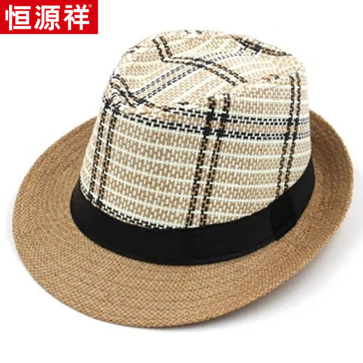 恒源祥男士帽子夏天短沿礼帽遮阳太阳帽透气凉帽中老年人户外绅士爵士帽 大方格米白 55-58CM