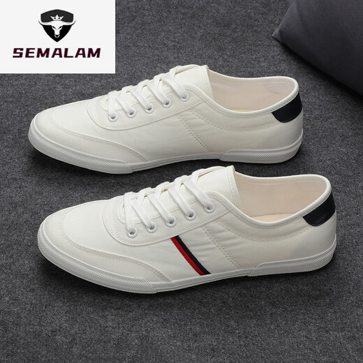 Semalam kleine weiße Schuhe Herrenschuhe Herren Frühling und Sommer niedrigem Top atmungsaktivem, vielseitig weicher Sohle Leichtgewichtigen Herren-Board-Board-Schuhen Leinwandschuhe Herren Beige 9272 Fine-Line Canvas 40